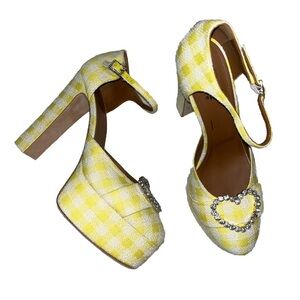 MALONE SOULIERS Camille Heels Emily in Paris Yellow White Plaid Platform Sz 11